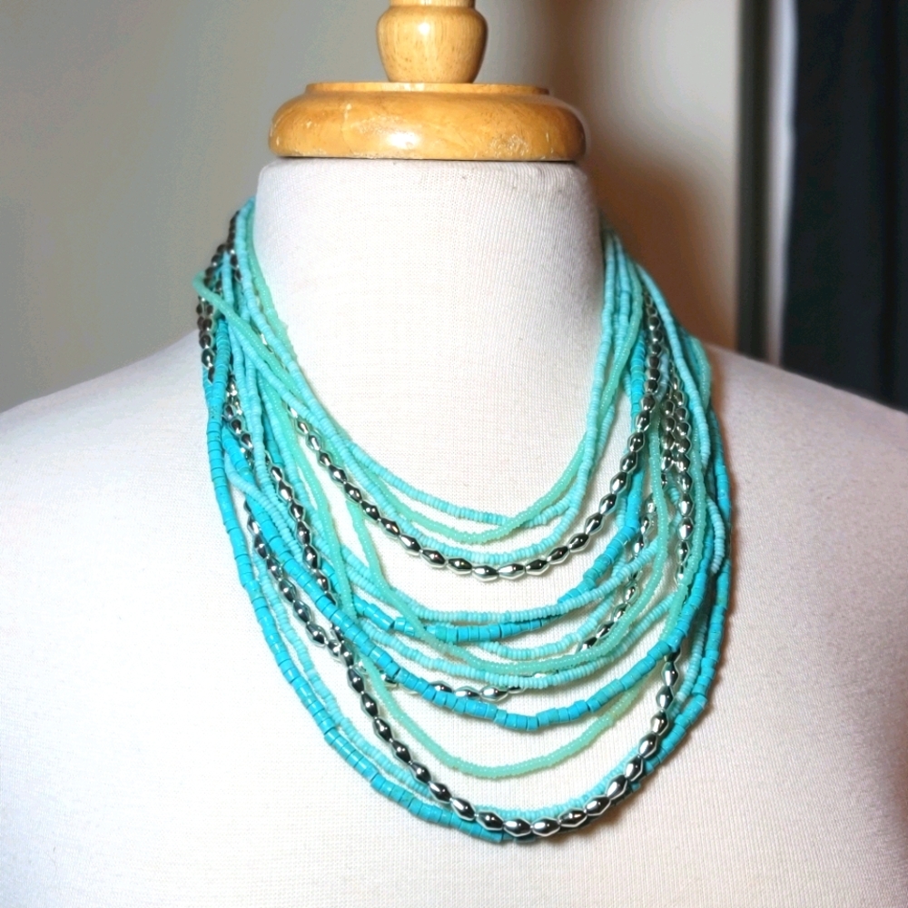 EUC| Aqua Silver Multi-Strand Bead Necklace CL